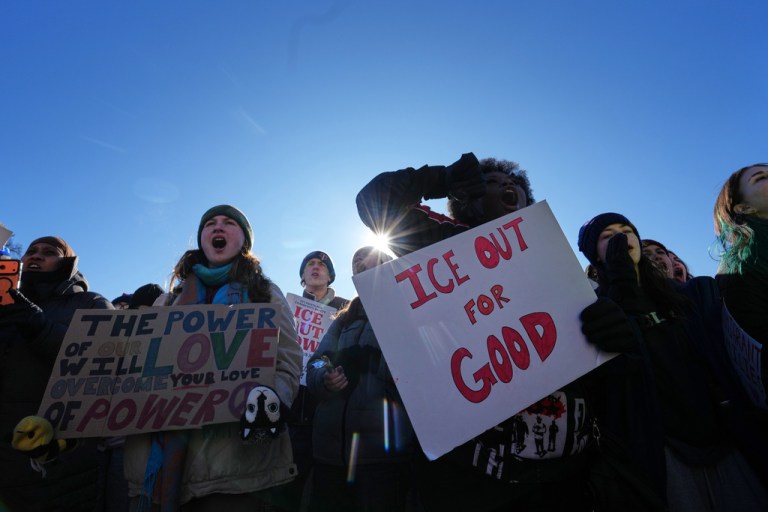 Protesters gather in front of the Minnesota State Capitol in response to the death of Renee Good, who was fatally shot by an ICE officer last week, Wednesday, Jan. 14, 2026, in St. Paul, Minn.