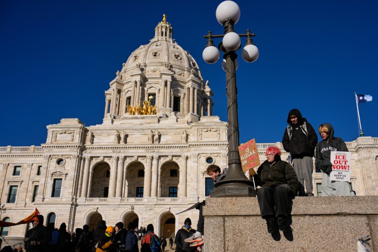 Protesters gather in front of the Minnesota State Capitol.