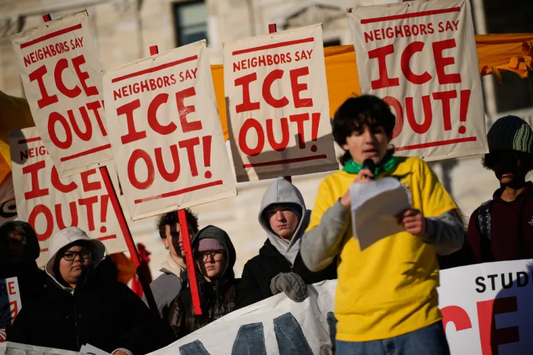 Protesters gather in front of the Minnesota state Capitol in response to the death of Renee Good, who was fatally shot by an ICE officer.