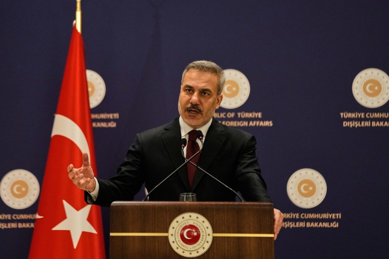 Hakan Fidan speaks to reporters at a press conference in Istanbul