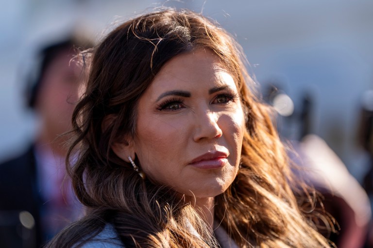 Homeland Security Secretary Kristi Noem speaks with reporters at the White House.