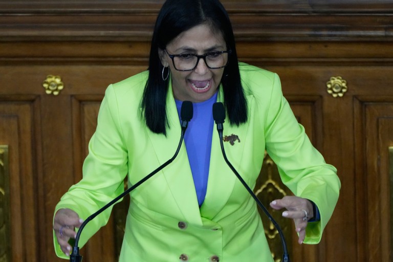 Venezuela's acting President Delcy Rodriguez delivers her first state of the union address at the National Assembly in Caracas, Venezuela, Thursday, Jan. 15, 2026.