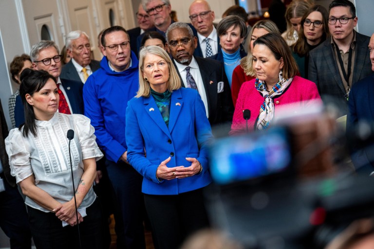 Lisa Murkowski speaks at a press conference after a meeting between members of the Danish Parliament, a Greenlandic committee, and American Congress members at the Danish Parliament.