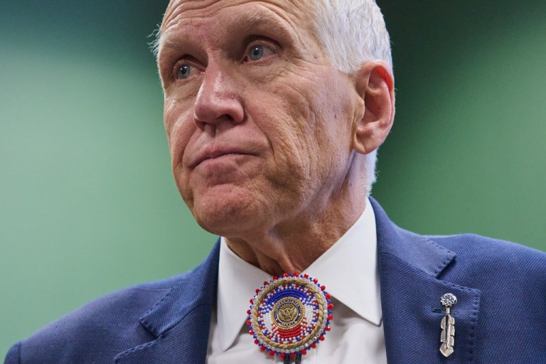 Sen. Thom Tillis, R-N.C., listens to thanks from members of the Lumbee Tribe of North Carolina