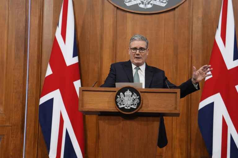 Britain's Prime Minister Keir Starmer delivers a statement in the media briefing room of 9 Downing Street in central London, Monday, Jan. 19, 2026.
