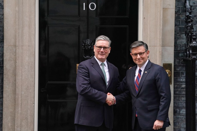 Britain's Prime Minister Keir Starmer welcomes U.S. House Speaker Mike Johnson to 10 Downing Street in London, Monday, Jan. 19, 2026.