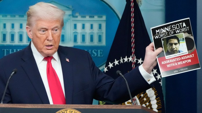 President Donald Trump speaks during a press briefing at the White House in Washington, Tuesday, Jan. 20, 2026. 