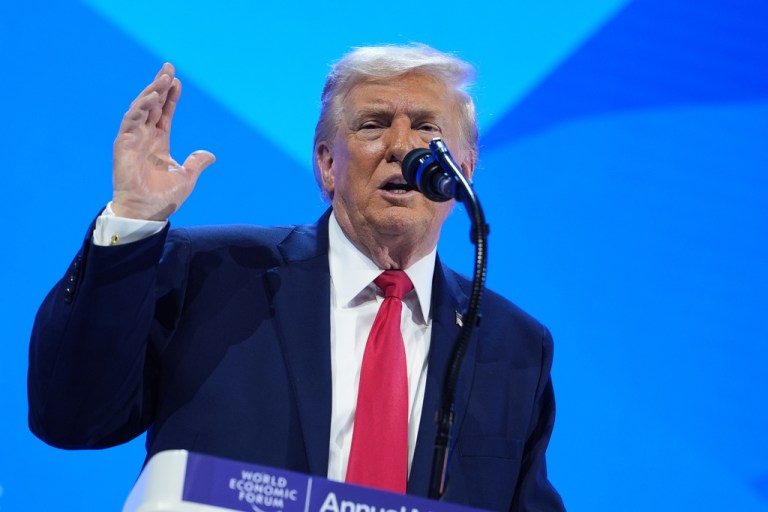 President Donald Trump addresses the audience during the Annual Meeting of the World Economic Forum in Davos, Switzerland, Wednesday, Jan. 21, 2026.