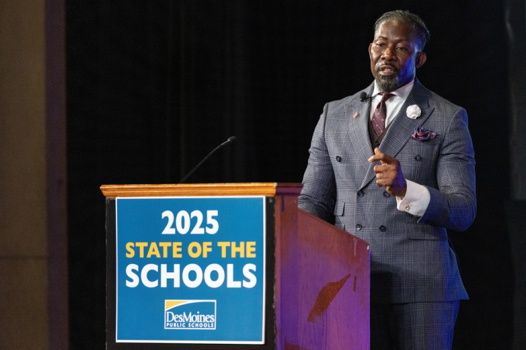 Des Moines Public Schools Superintendent Ian Roberts delivers an annual address at North High School.