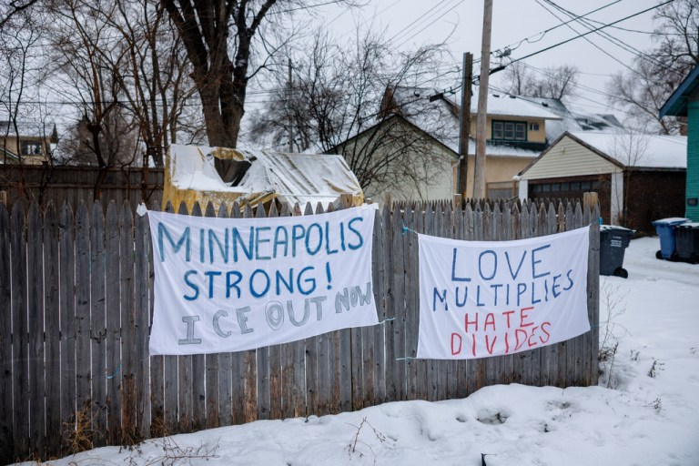 Handwritten banners reading 
