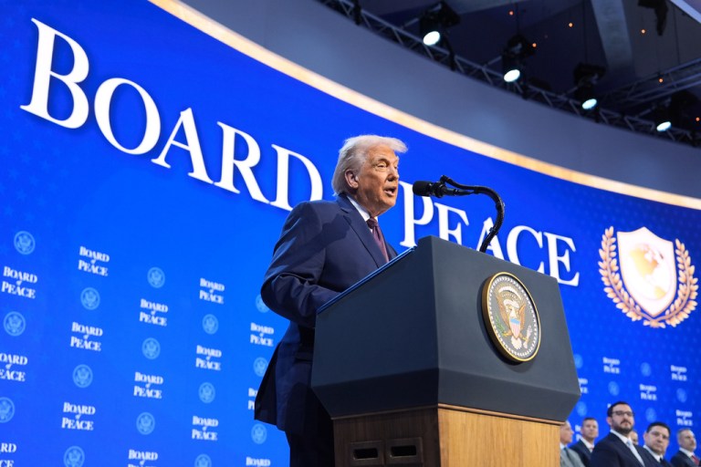 President Donald Trump speaks during a Board of Peace charter announcement during the Annual Meeting of the World Economic Forum in Davos, Switzerland, Thursday, Jan. 22, 2026.