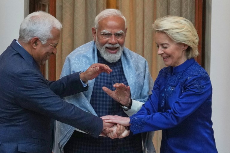 Indian Prime Minister Narendra Modi, center, welcomes European Council President Antonio Costa, left, and European Commission President Ursula von der Leyen before their meeting in New Delhi, India, Tuesday, Jan. 27, 2026.