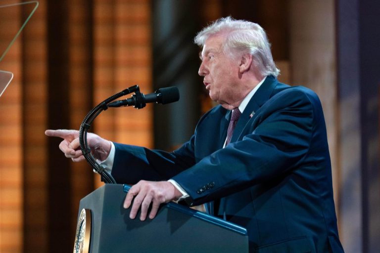 President Donald Trump speaks during the launch of a program known as Trump Accounts at the Andrew W. Mellon Auditorium, Wednesday, Jan. 28, 2026, in Washington. (AP Photo/Jose Luis Magana)