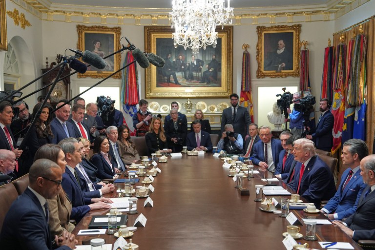 President Donald Trump sidelined Homeland Security Secretary Kristi Noem at his Thursday Cabinet meeting, declining to let her speak amid significant fallout from last weekend’s killing of 37-year-old Alex Pretti in Minnesota. (AP Photo/Evan Vucci)