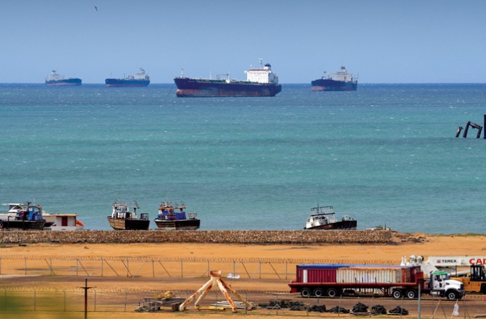 Oil tankers are anchored off Punta Cardon, Venezuela. (Matias Delacroix/AP)
