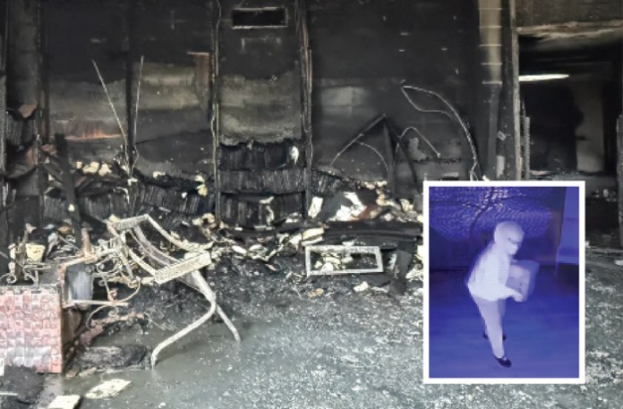 A charred room in the Beth Israel Congregation synagogue in Jackson, Mississippi, Jan. 10, 2026; at right, security video shows an arsonist pouring gasoline inside the buildings. (Beth Israel Congregation)