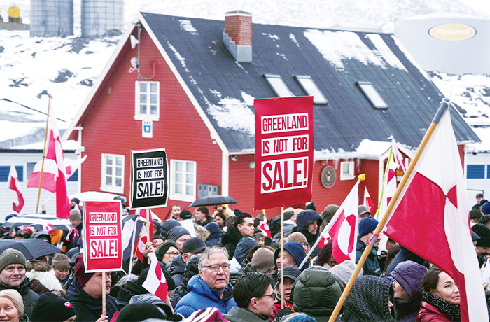 A protest in front of the U.S. Consulate in Nuuk, Greenland, Jan. 17, 2026. (Evgeniy Maloletka / AP)