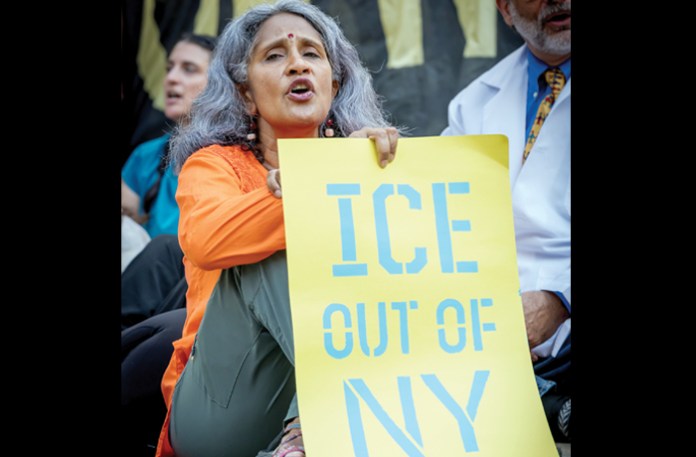 A Manhattan protest in which some 50 activists were arrested for attempting to block the driveway of a federal immigration court, Sept. 18, 2025. (Erik McGregor /LightRocket/Getty)
