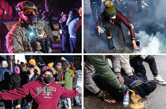 Anti-ICE protest scenes from Minneapolis, clockwise from top left: Federal law enforcement officers are confronted by protesters following a shooting, Jan. 15, 2026; a protester covers a tear gas canister deployed by ICE officers, Jan. 13, 2026; a protester is pinned to the ground by federal agents and a chemical irritant sprayed into his face, Jan. 21, 2026; and a protester stands in front of an ICE vehicle near where protester Renee Good was fatally shot by an ICE officer, Jan. 13, 2026. (Clockwise from top left: Victor J. Blue/Bloomberg/Getty; John Locher/AP; Richard Tsong-Taatarii/Minnesota Star Tribune/Getty; John Locher/AP)