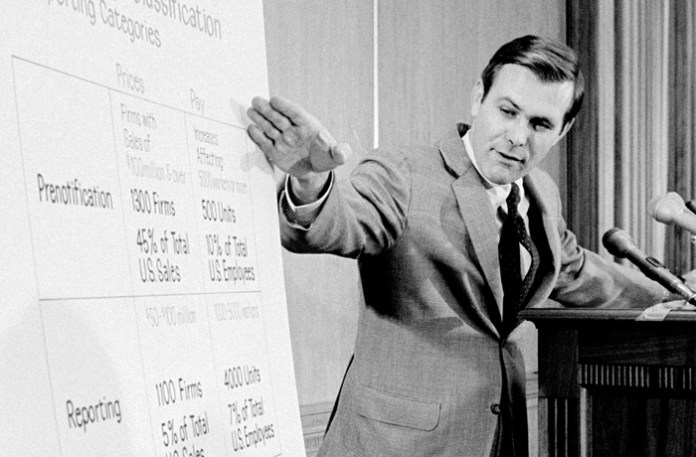 Donald Rumsfeld, director of the Nixon administration’s Cost of Living Council, discusses ‘Price and Wage Classification by Reporting Categories’ in Washington, D.C., as part of the 1971 imposition of price and wage controls. (Warren K Leffler/PhotoQuest/Getty)