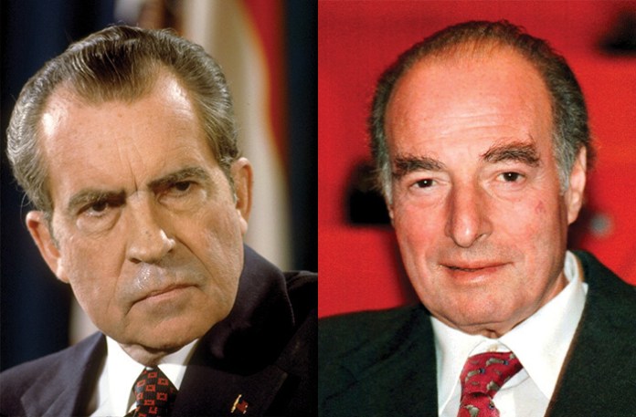 Left: President Richard Nixon in 1974 before he resigned and was pardoned by his White House successor, Gerald Ford; Right: Fugitive Marc Rich, whom President Bill Clinton pardoned in 2001 during his waning hours in office. (Dirck Halstead / Contributor / Getty Images; Guido Roeoesli / AP)
