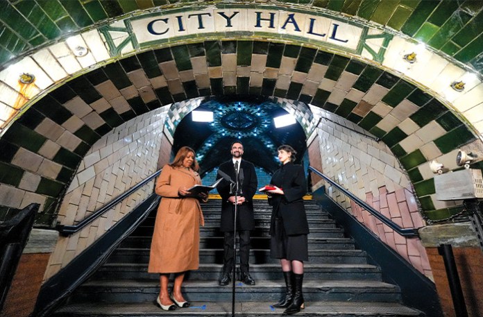 New York Attorney General Letitia James (left) administers the oath of office to mayor-elect Zohran Mamdani (center) as his wife Rama Duwaji looks on, Jan. 1, 2026, in New York. (Yuki Iwamura/AP)