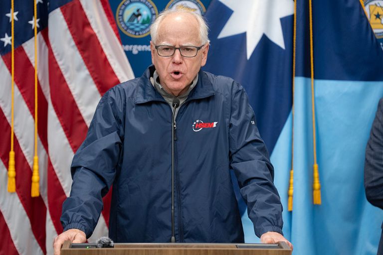 Minnesota Governor Tim Walz speaks at a press conference at the State Emergency Operations Center in Blaine, Minn. on Thursday, January 8, 2026. The press conference was to update the public on the killing of Renee Nicole Good by a federal officer in Minneapolis on Wednesday. Good was shot and killed by an Immigration and Customs Enforcement (ICE) agent during a confrontation between federal agents and protesters in south Minneapolis Wednesday, January 7, 2026. (Photo by Alex Kormann/The Minnesota Star Tribune via Getty Images)