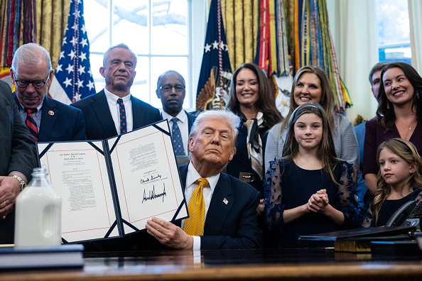US President Donald Trump displays a signed bill during a ceremony in the Oval Office of the White House in Washington, DC, US, on Wednesday, Jan. 14, 2026. President Donald Trump will sign legislation Wednesday allowing schools that participate in a federal lunch program to serve whole milk, the latest measure advancing his administration's health agenda.
