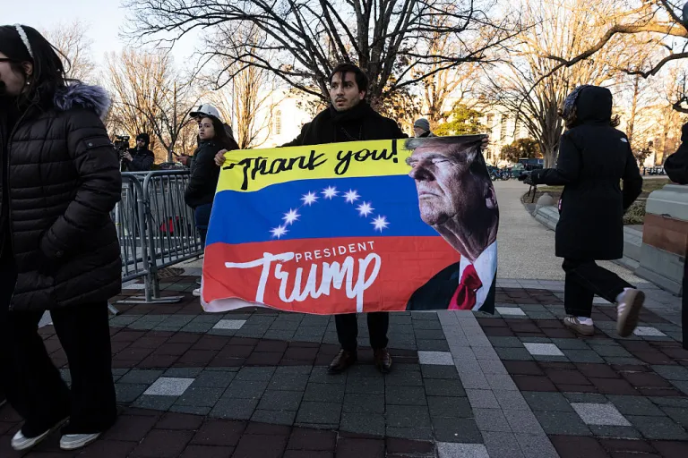 Supporters of Venezuelan opposition leader Maria Corina Machado gather on Capitol Hill following her meeting with lawmakers on January 15, 2026 in Washington, DC. Machado has called for Democratic Unitary Platform candidate Edmundo González, who is widely considered to be the winner of the 2024 election, to assume the presidency of Venezuela following the January 03, 2026 capture and arrest of Nicolas Maduro by the United States military. (Photo by Anna Rose Layden/Getty Images)