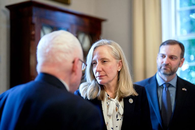 Abigail Spanberger, governor of Virginia, and her husband Adam Spanberger greet guests in the ladies parlor during an open house at the Virginia Executive Mansion in Richmond, Virginia, US, on Sunday, Jan. 18, 2026. Democrat Abigail Spanberger was sworn in as governor of the Commonwealth of Virginia on Saturday, becoming the state's first female leader. Photographer: Al Drago/Bloomberg via Getty Images