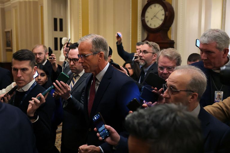 Senate Majority Leader John Thune (R-SD) talks with reporters in the U.S. Capitol.