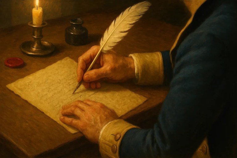 A painting of Gen. George Washington responding to a letter from one of his generals in the field. (Photo courtesy of Mount Vernon presidential library)