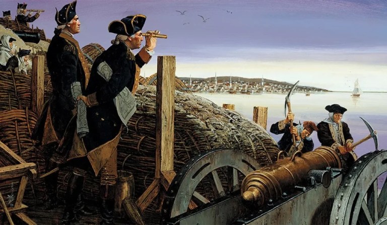 Gen. Washington scopes out the British through a telescope with his generals before extracting the British from Boston. On the other side of Boston, in Cambridge, guns bombarded the British-held town as a diversion. The stronghold grew in size and strength. on March 17, the British evacuated Boston.