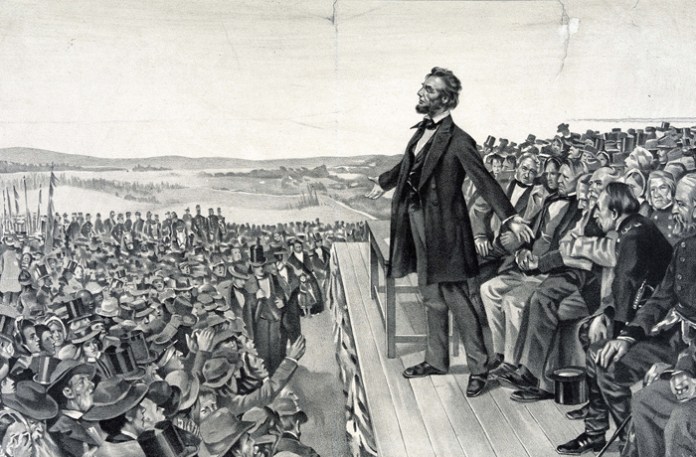 Abraham Lincoln making his famous address on 19 November 1863 at the dedication of the Soldiers' National Cemetery at Gettysburg on the site of the American Civil War battle with the greatest number of casualties. (Photo by Universal History Archive/Getty Images)