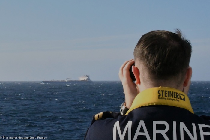 In this photo, provided by the French Army on Jan. 22, 2026, France's Navy, working with intelligence provided by the United Kingdom, intercepted an oil tanker in the Mediterranean Sea that traveled from Russia, in a mission targeting the sanctioned Russian shadow fleet, officials said. (Etat-Major des Armees via AP)