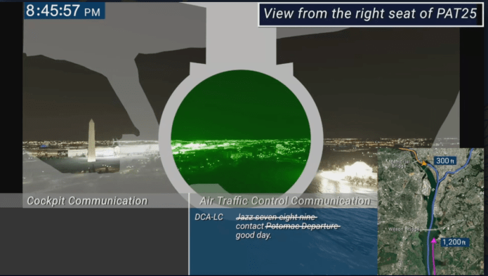 A simulation shown at the NTSB board meeting on Tuesday, Jan. 27, 2026 recreating the crash from last year. (Samantha-Jo Roth, Washington Examiner)