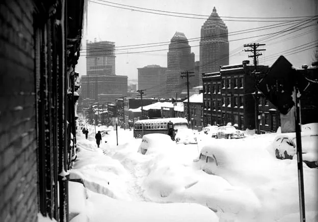 The city of Pittsburgh downtown looking from the city's Hill District neighborhood (photo by Walter Stein, Carnegie library collection courtesy)