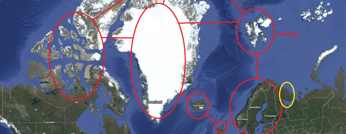 NATO territories circled in red and the Russian Northern Fleet bases circled in yellow, the maps show that U.S. military deployments on Svalbard, Greenland, and other NATO territories would allow Washington to exert power. 