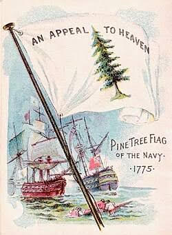 An illustration of Capt. John Manley of Marblehead flying the new Pine Tree flag, a precursor of Betsy Ross's flag.