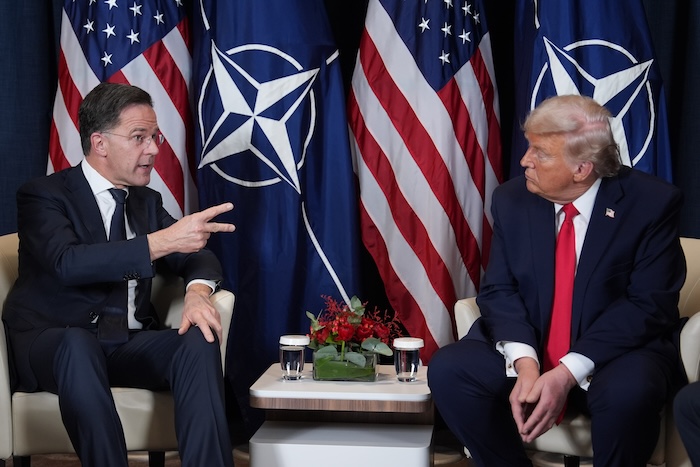 President Donald Trump, right, meets with NATO Secretary General Mark Rutte during a meeting on the sidelines of the Annual Meeting of the World Economic Forum in Davos, Switzerland, Wednesday, Jan. 21, 2026. (AP Photo/Evan Vucci)