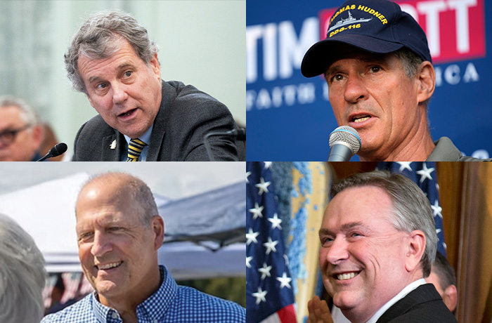 From top left to bottom right: Former Sen. Sherrod Brown, Former Sen. John E. Sununu, Former Sen. Scott Brown, Former Rep. Steve Stockman (AP Photos; Sununu campaign photo)