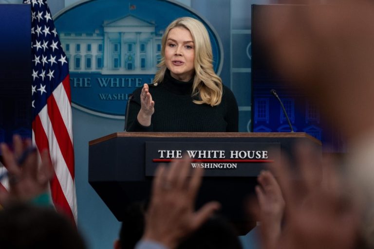 White House press secretary Karoline Leavitt speaks with reporters in the James Brady Press Briefing Room at the White House.