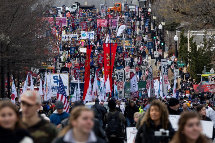 Anti-abortion activists march near the U.S. Capitol during the annual March for Life rally on January 23, 2026 in Washington, DC. Anti-abortion activists attended the annual march to mark the anniversary of the Supreme Court's, now overturned, 1973 Roe v. Wade ruling which legalized abortion in all 50 states.