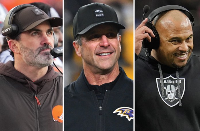 Kevin Stefanski and John Harbaugh, left, are being considered for the New York Giants’ head coaching position. Antonio Pierce will also be interviewed under the NFL’s Rooney Rule, though he is viewed as a long shot. (AP Photos)
