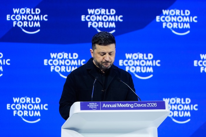 Ukraine's President Volodymyr Zelenskyy delivers a speech at the Annual Meeting of the World Economic Forum in Davos, Switzerland, Thursday, Jan. 22, 2026.