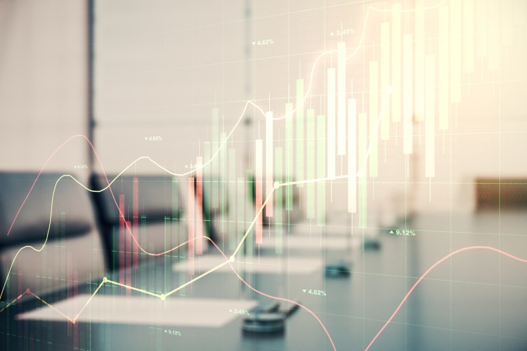 Abstract virtual financial graph hologram on a modern furnished classroom background, financial and trading concept. Multiexposure