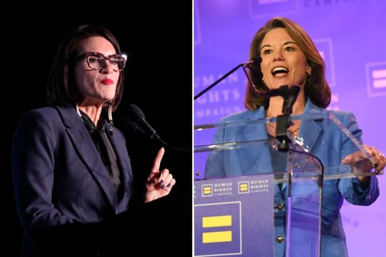 From l-r: Minnesota Lt. Gov. Peggy Flanagan speaks at the DFL election night party, Tuesday, Nov. 5, 2024, in St. Paul, Minn, and U.S. Rep. Angie Craig speaks at the Human Rights Campaign Minnesota Dinner on Saturday, Sept. 21, 2024 in Minneapolis