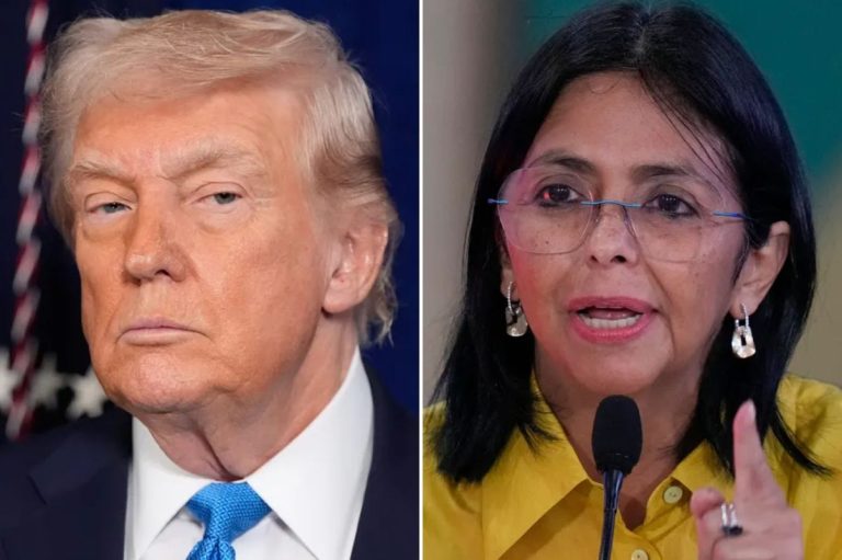 Donald Trump left and Delcy Rodriguez speaking, right.