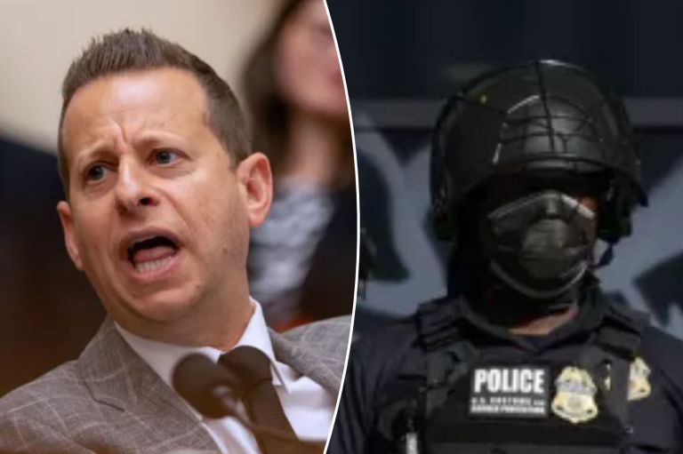 A collage of Rep. Jared Moskowitz (D-FL) and an Immigration and Customs Enforcement officer wearing a face mask.