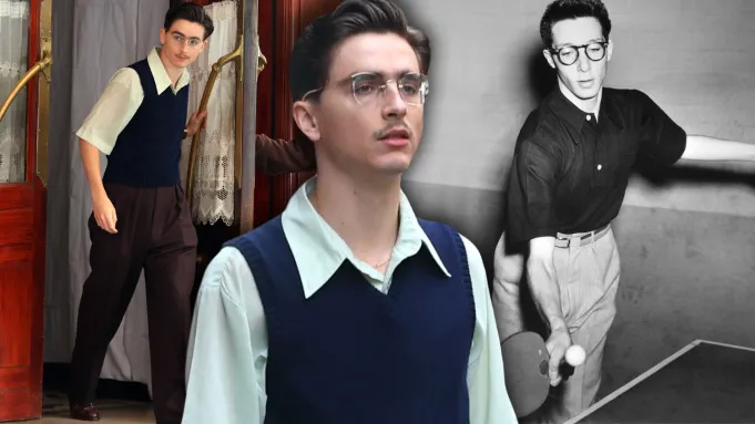 (L) Timothée Chalamet on the set of 'Marty Supreme', and the real Marty Reisman in 1948. (Jose Perez/Bauer-Griffin/GC Images/Getty Images)